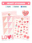 Heart stickers with various designs on a pink background