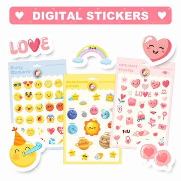 Digital sticker pack for GoodNotes and Notability – emoji, heart, and solar system designs by NotesOS.