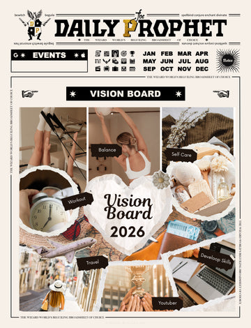 Cover of 'The Daily Prophet' with a vision board theme for 2026, featuring various lifestyle images.