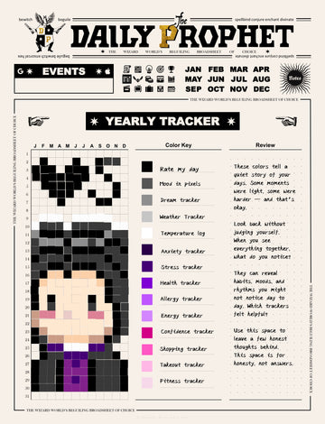 Pixelated character with a yearly tracker for The Daily Prophet magazine.