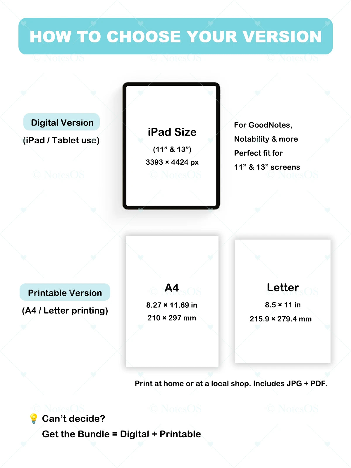 Instructions on how to choose between digital and printable versions of a product, with dimensions for iPad, A4, and Letter size.