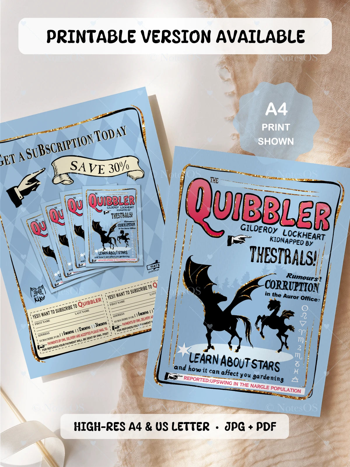 Two 'Quibbler' newspapers from 'Harry Potter' on a wooden surface with promotional text.