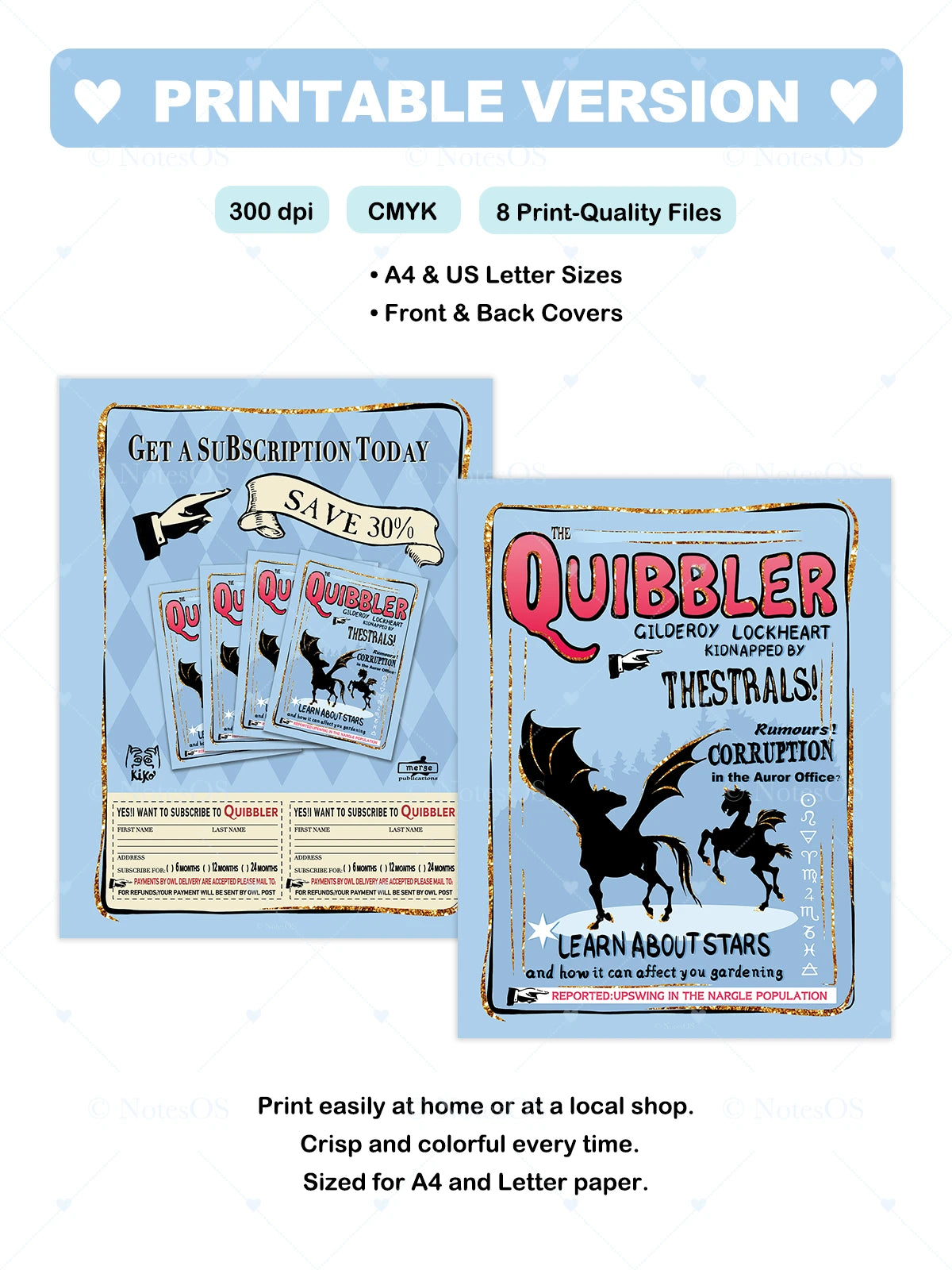 Printable Quibbler magazine cover with text about subscription and print quality details.
