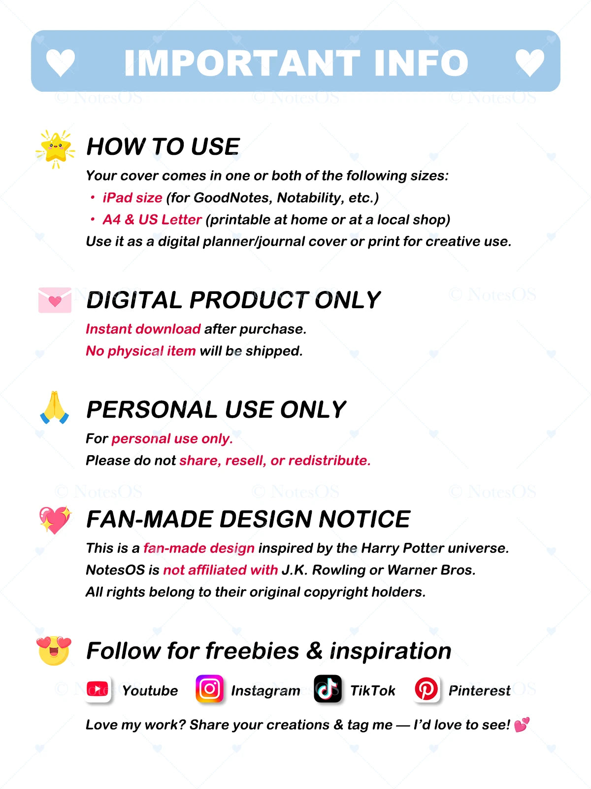 Important information text overlay on a white background with colorful icons.