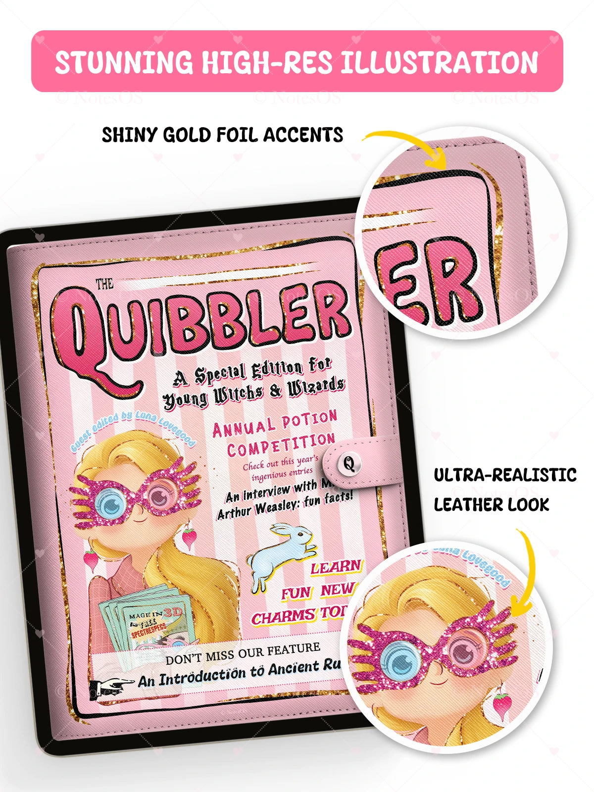 Illustration of a 'Quibbler' magazine with shiny gold foil accents and ultra-realistic leather look.