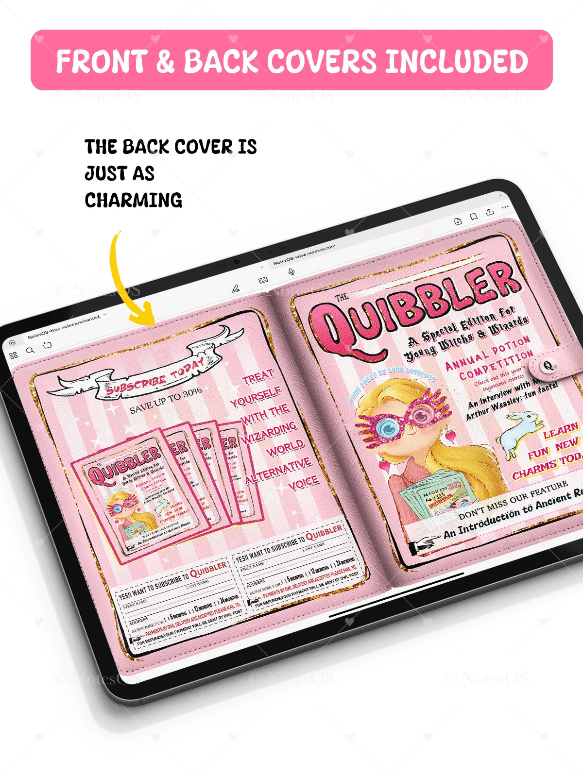 Tablet displaying a magazine cover with 'The Quibbler' on a white background