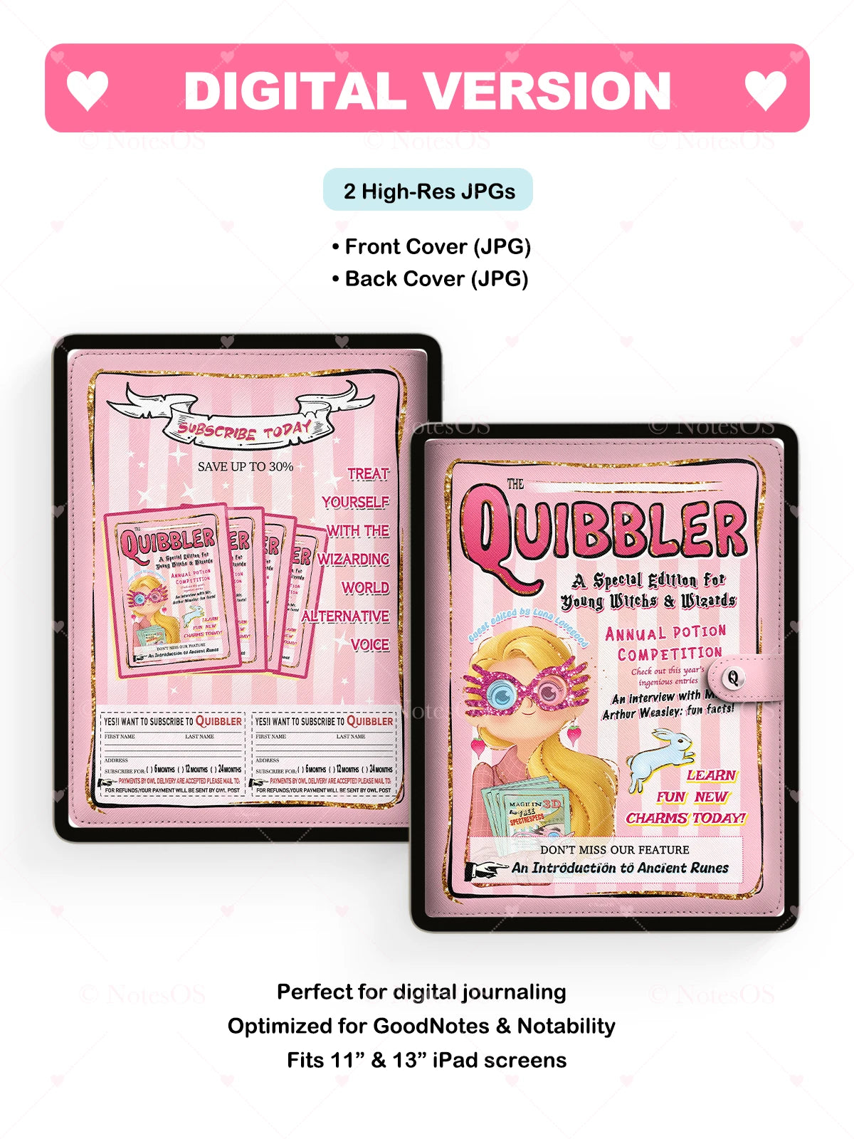 Digital versions of 'Quibbler' front and back covers for digital journaling on a white background.