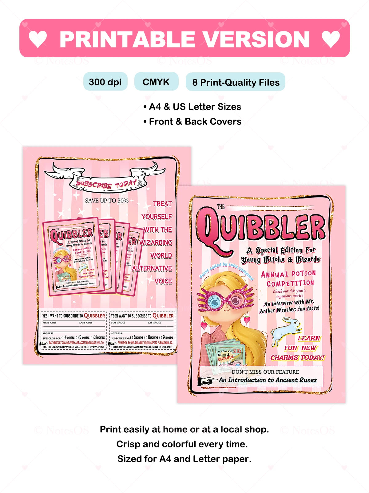 Printable Quibbler magazine cover with text about print quality and sizes.