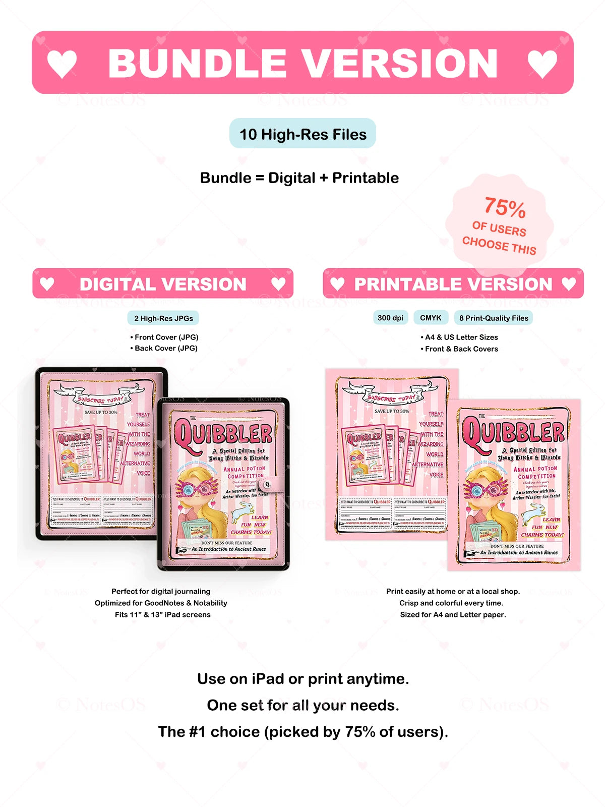 Promotional graphic for a digital and printable bundle with Quibbler design.