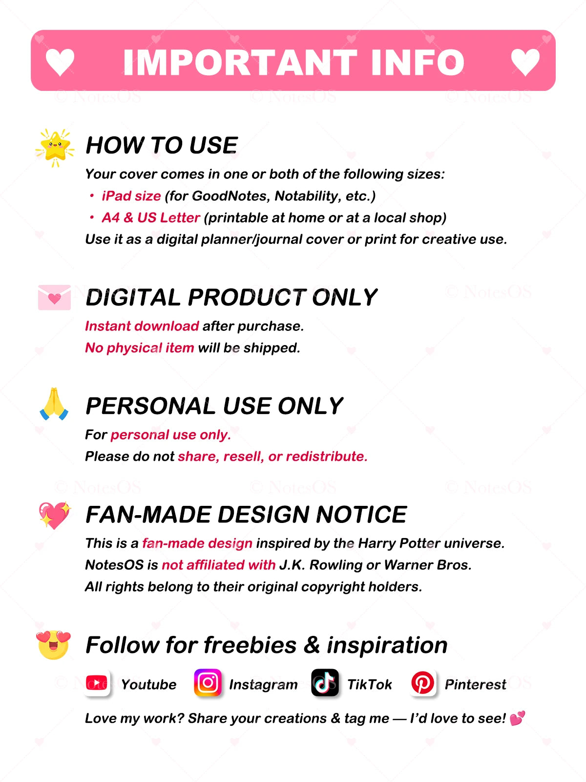 Important information card with text about product use and design rights on a white background.