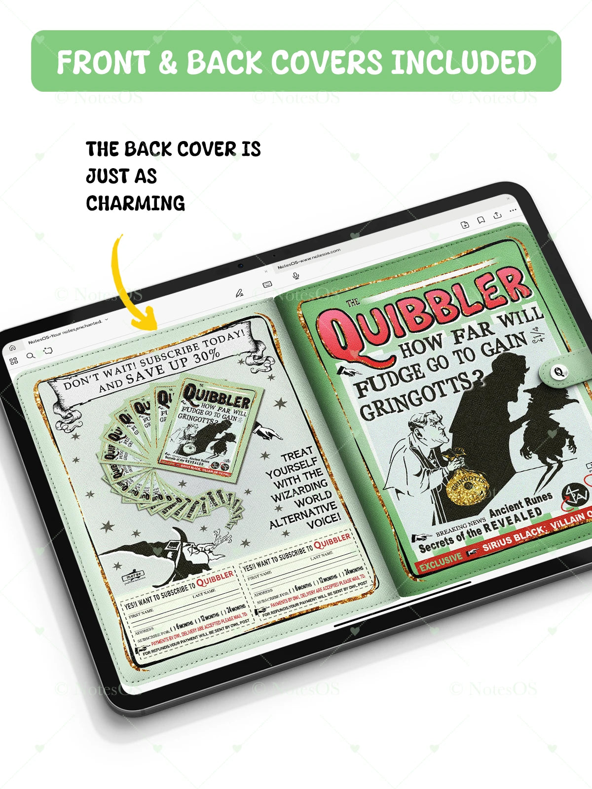 Tablet displaying a magazine cover with 'Quibbler' and 'The Back Cover is Just as Charming' text.