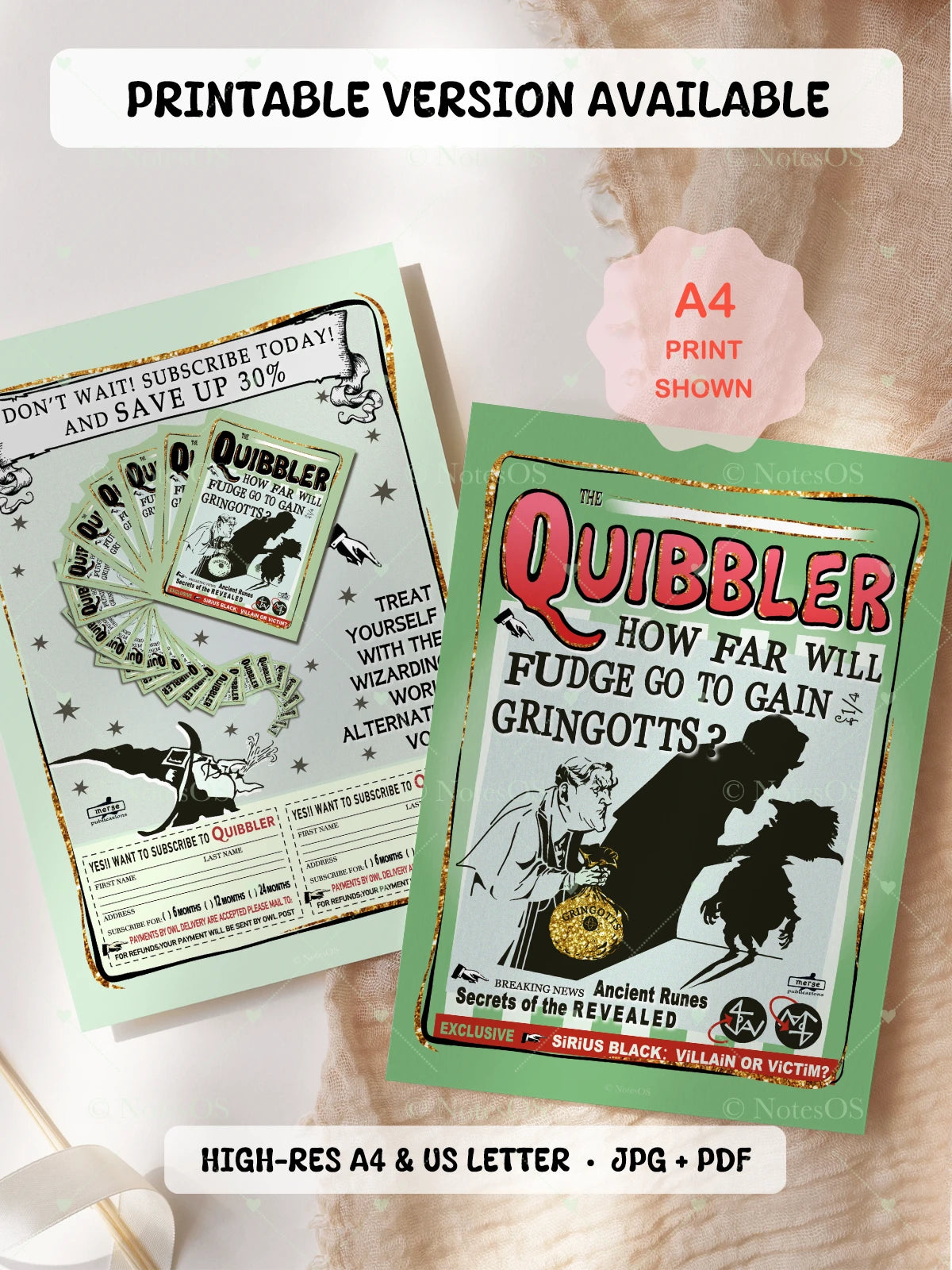 Two 'Quibbler' newspaper mockups on a wooden surface with promotional text above.