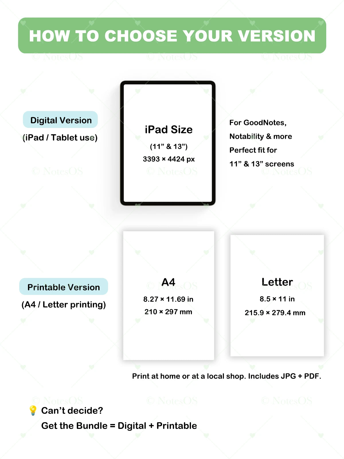 Instructions on how to choose between digital and printable versions of a product, with screen size and paper size options.