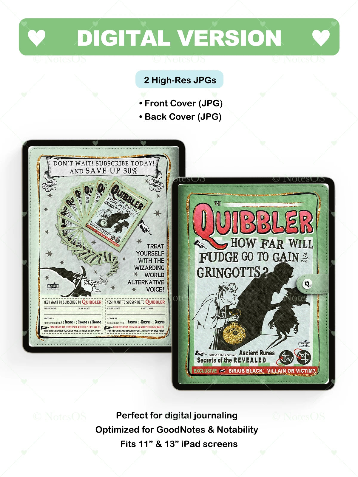 Two high-res JPGs of 'Quibbler' magazine covers for digital use, optimized for GoodNotes & Notability apps.
