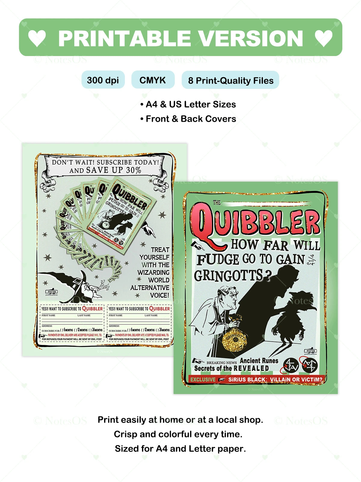 Two Quibbler-style magazine covers with text and graphics on a white background.