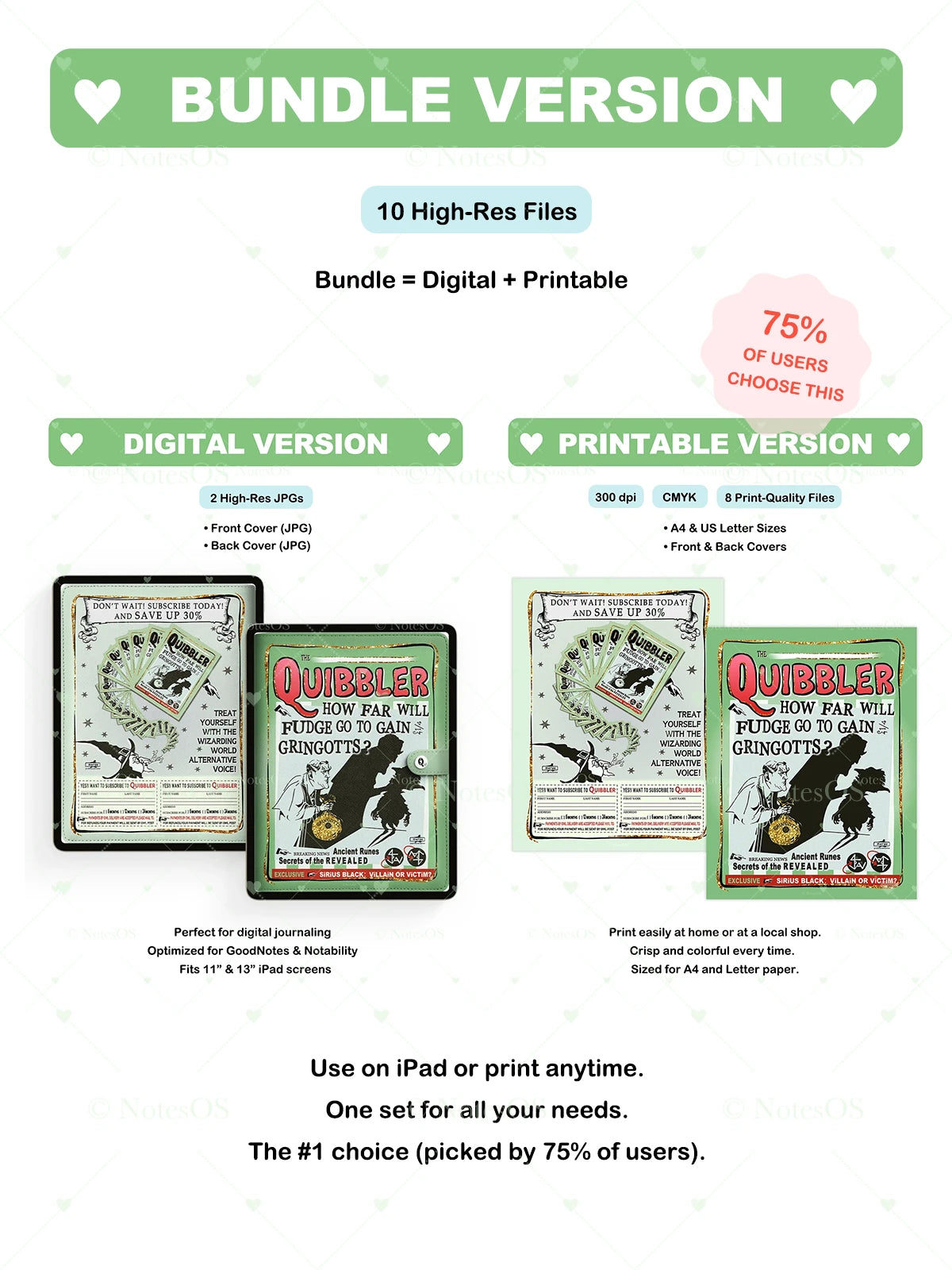 Promotional graphic for a 'Bundle Version' of digital and printable files with 'Quibbler' text.