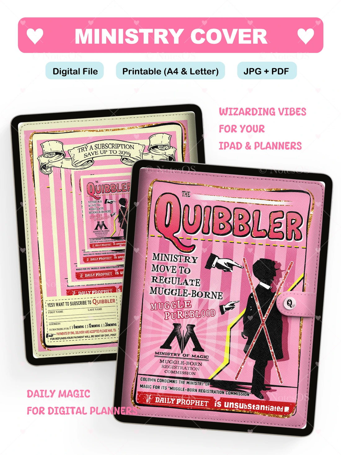 Pink 'Quibbler' magazine cover design for digital planners on a white background