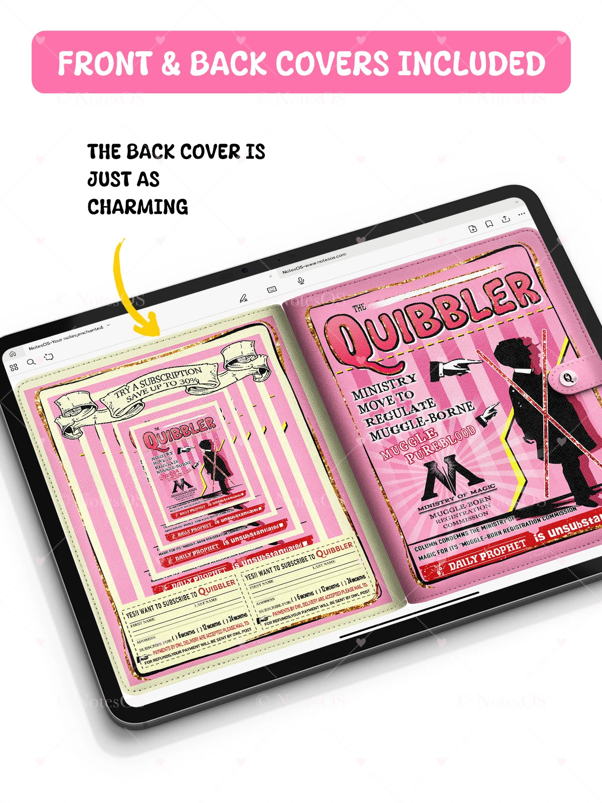 Tablet displaying the front and back covers of a magazine with pink and black design.