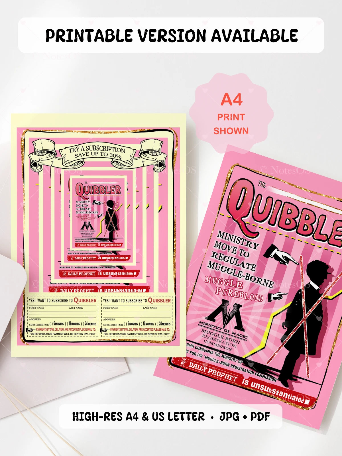 Pink and black 'The Quibble' magazine-style flyer with text and graphics on a white background.