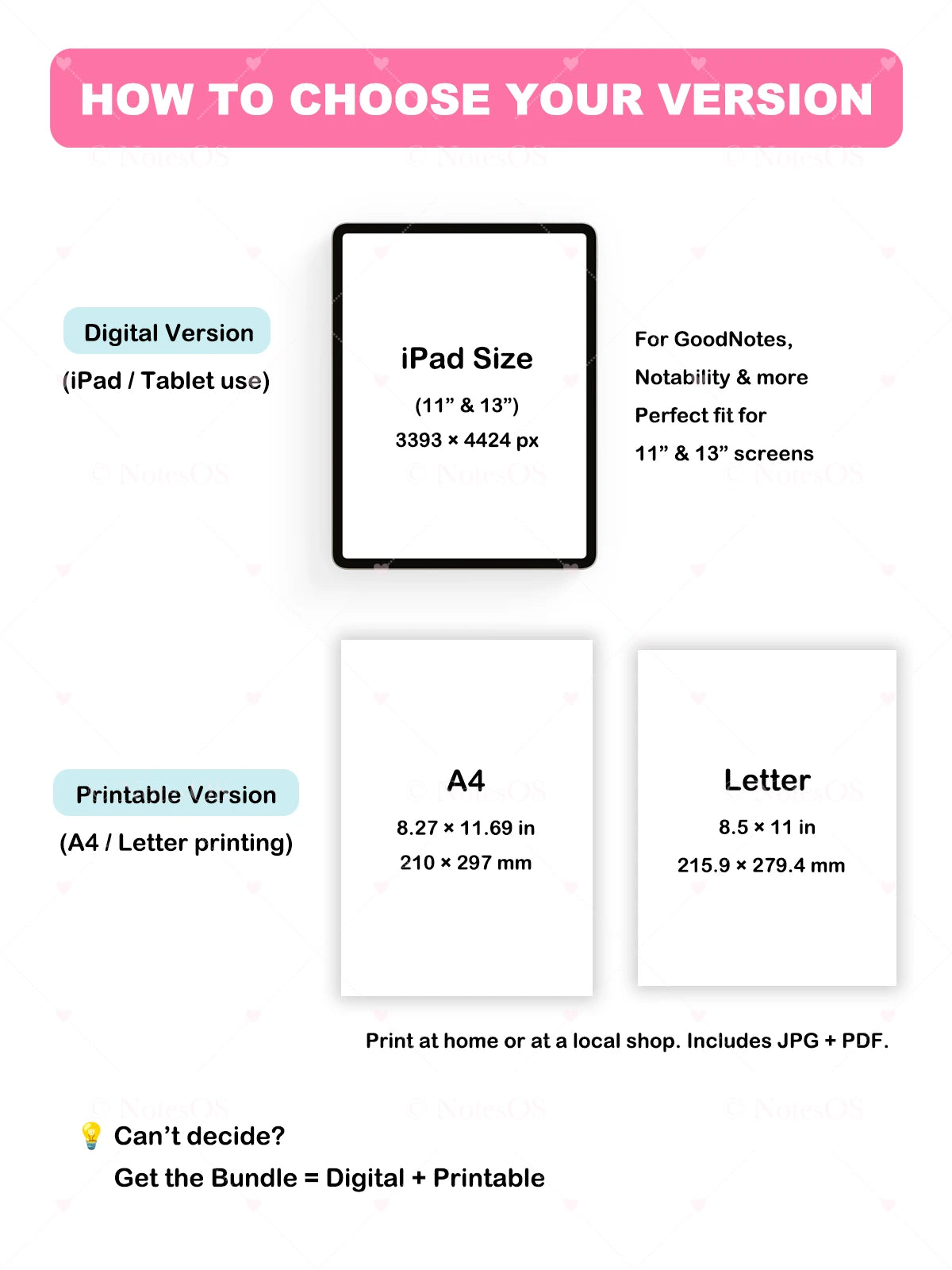 Instructions on how to choose between digital and printable versions of a product, with screen size and paper size options.