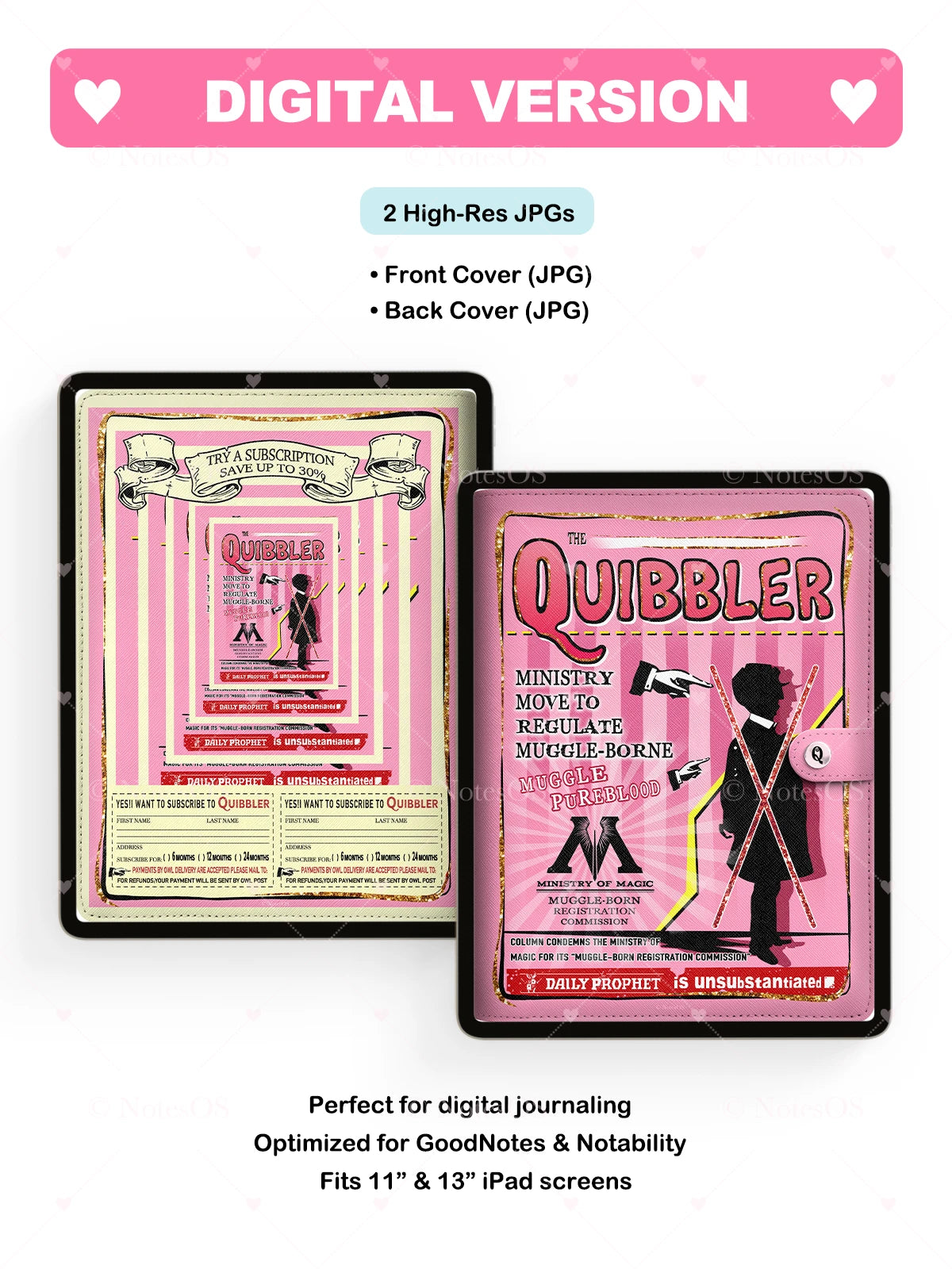 Digital mockup of 'Quibbler' newspaper front and back covers for digital journaling on a white background.