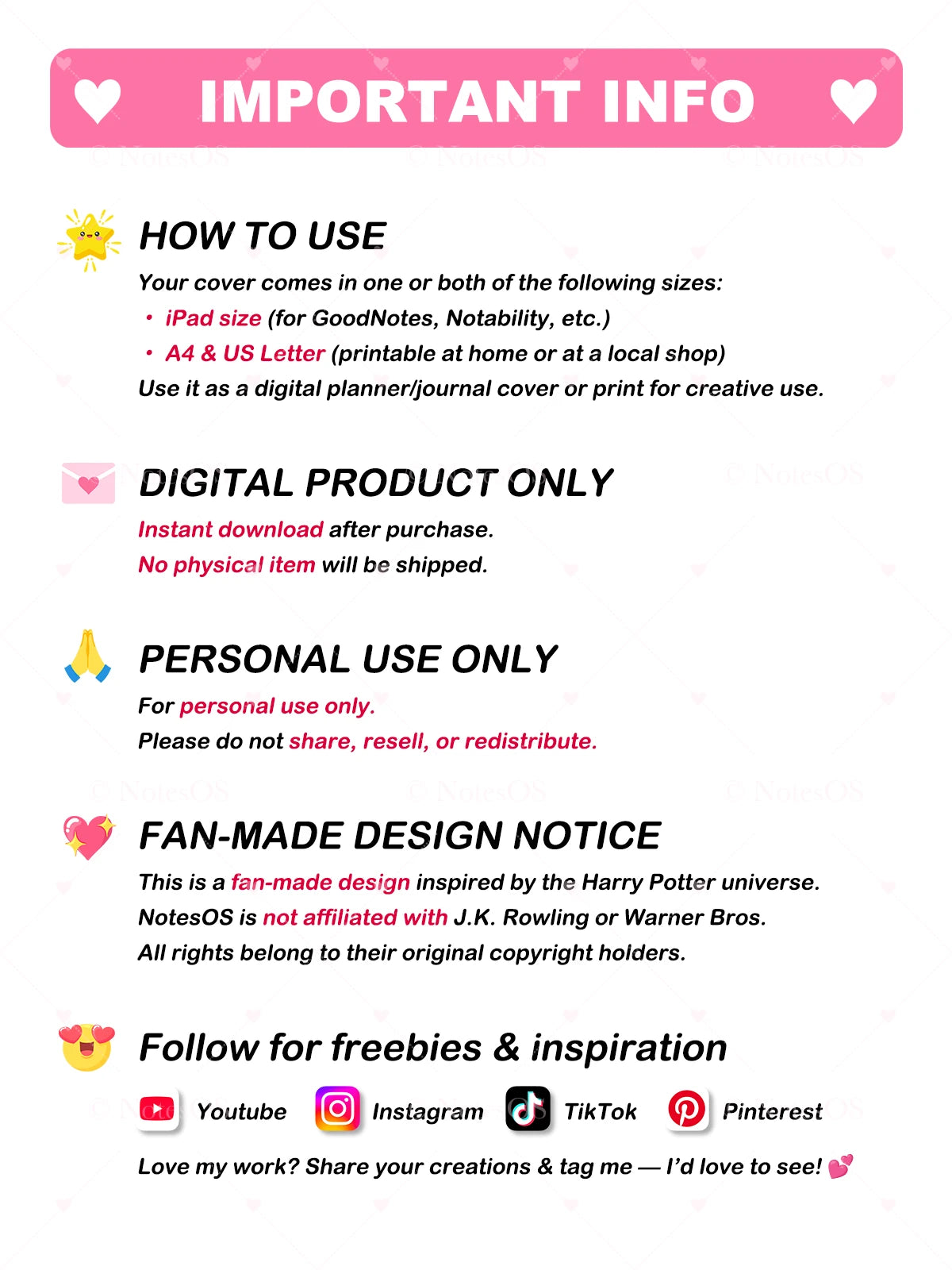 Important information text on a white background with pink accents