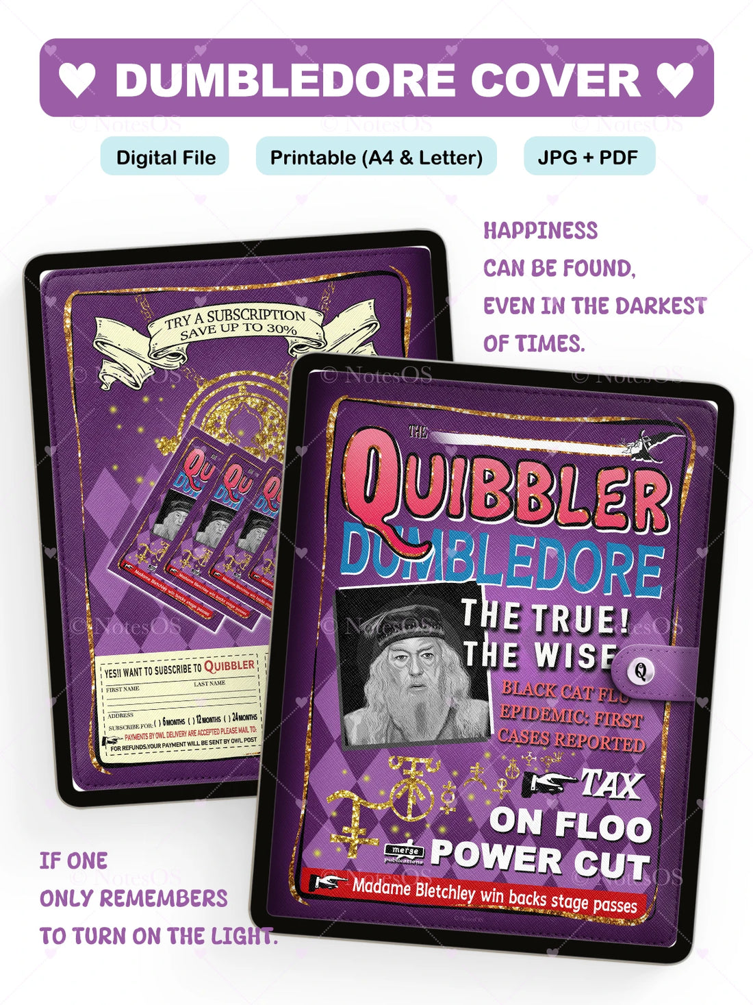 Two Quibbler Dumbledore cards on a white background with text about the product.