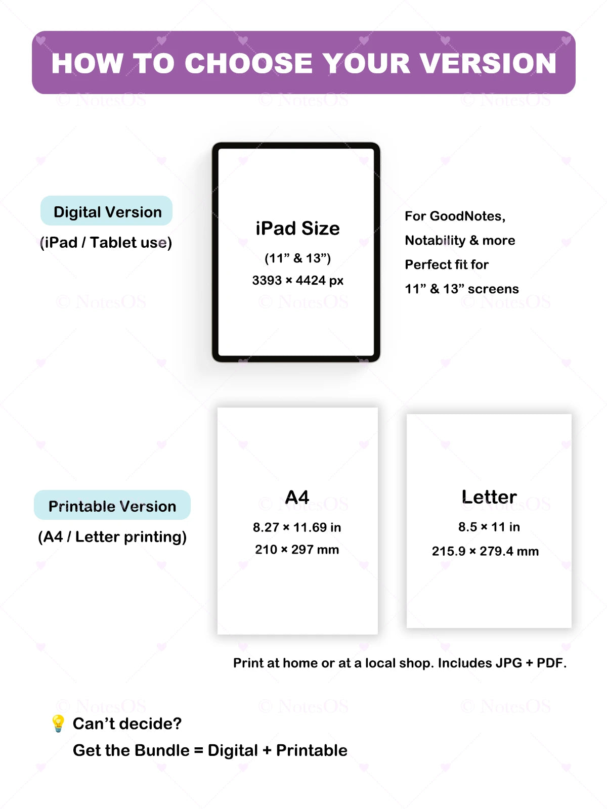 Instructions on how to choose between digital and printable versions for different iPad sizes.