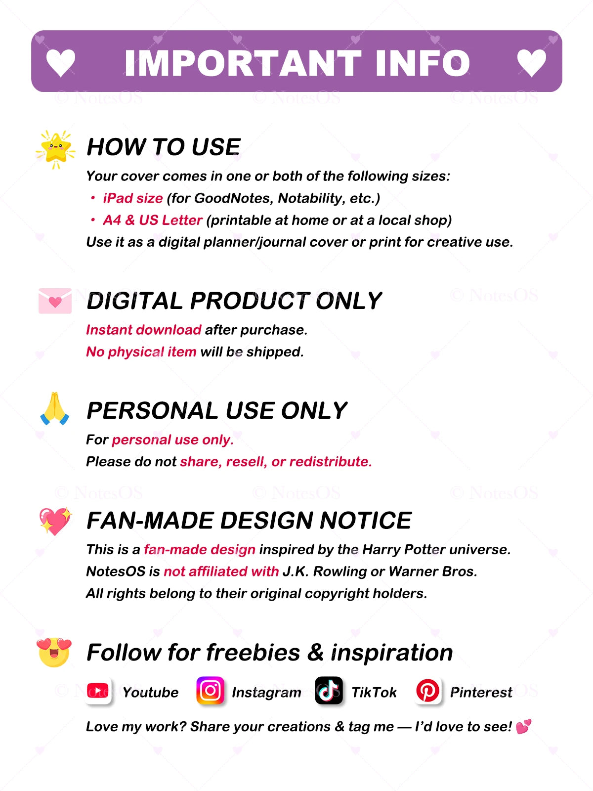 Important information card with text about product use, digital download, personal use, fan-made design notice, and social media links.