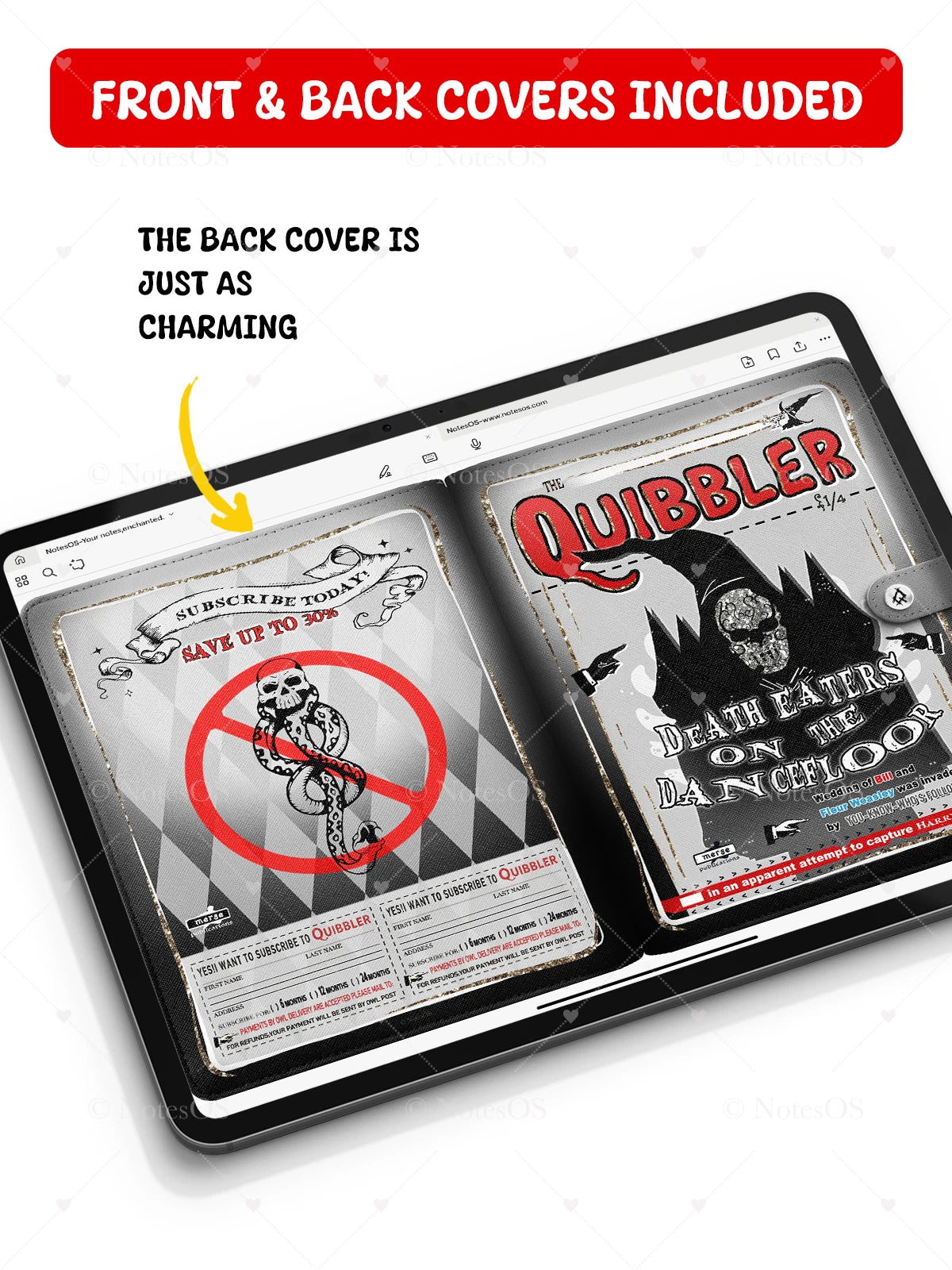 Open book with 'Quibbler' magazine cover on a tablet screen, with text indicating front and back covers included.