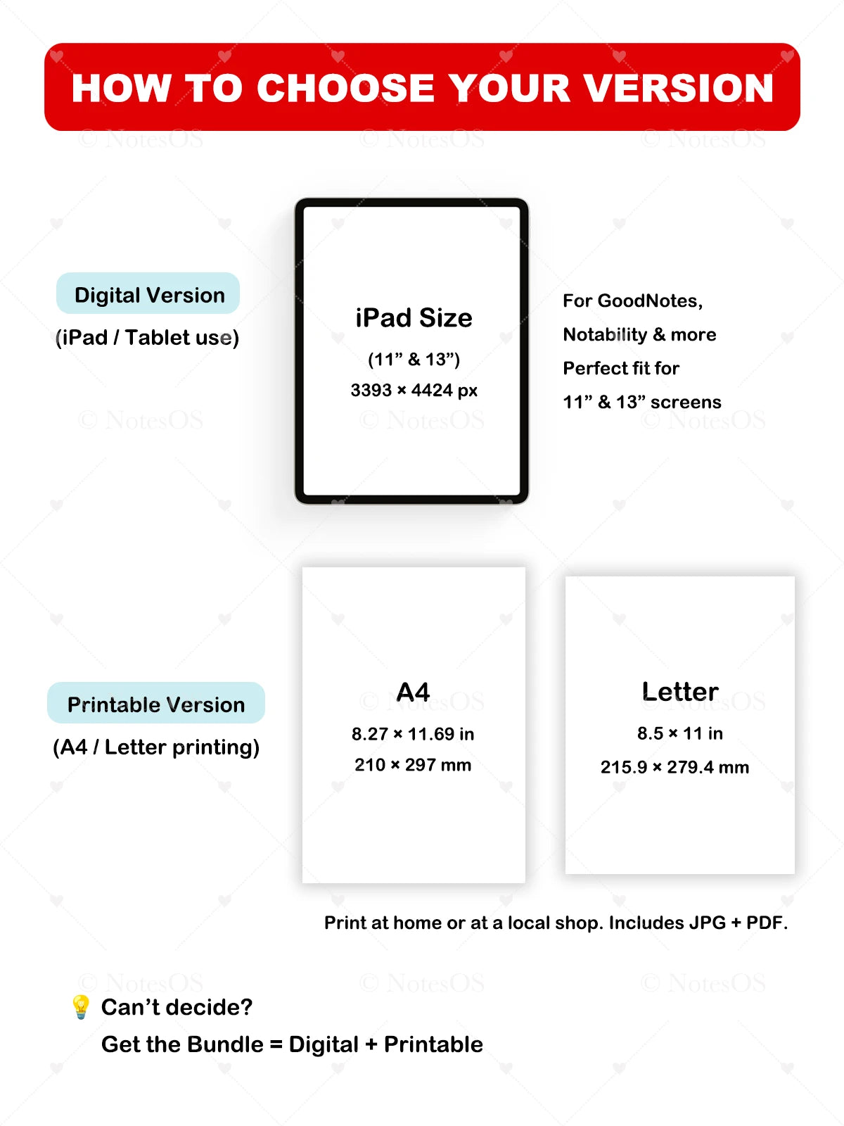 Instructions on how to choose between digital and printable versions of a product, with screen size and paper size options.