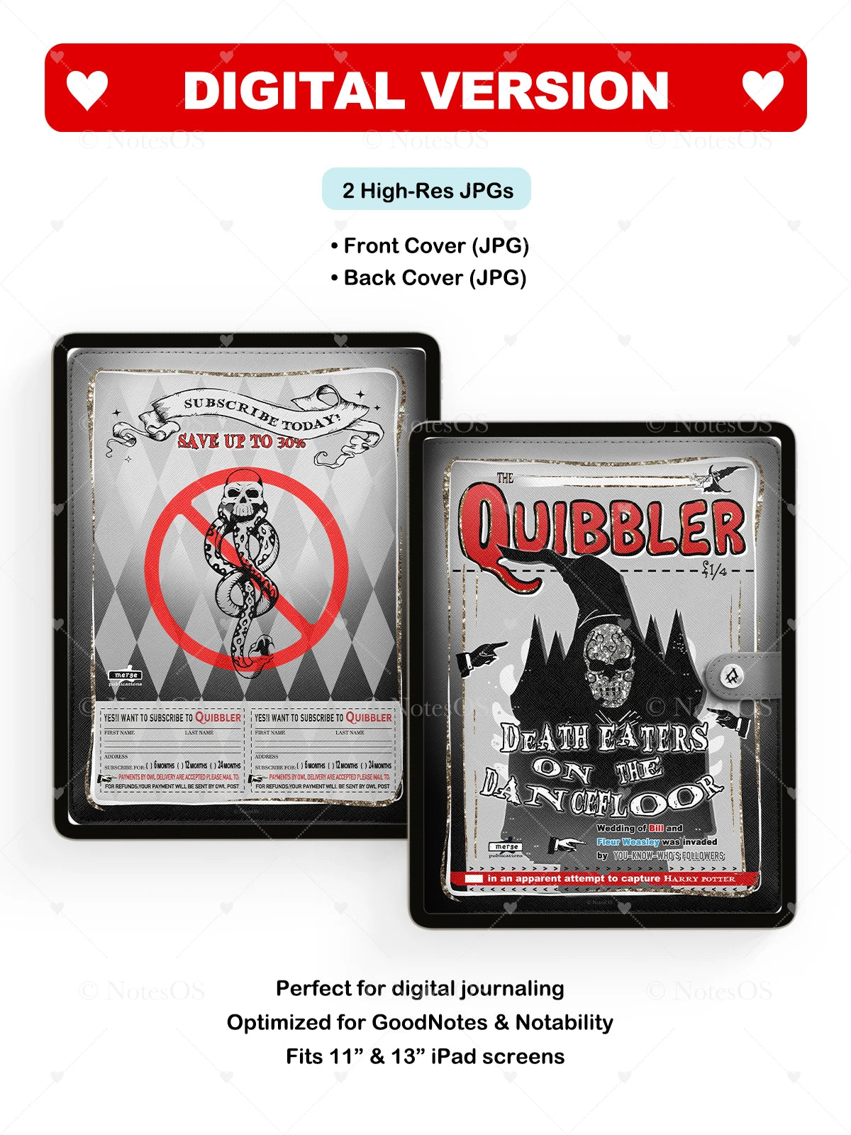 Digital mockup of Quibbler magazine covers with text and graphics on a white background