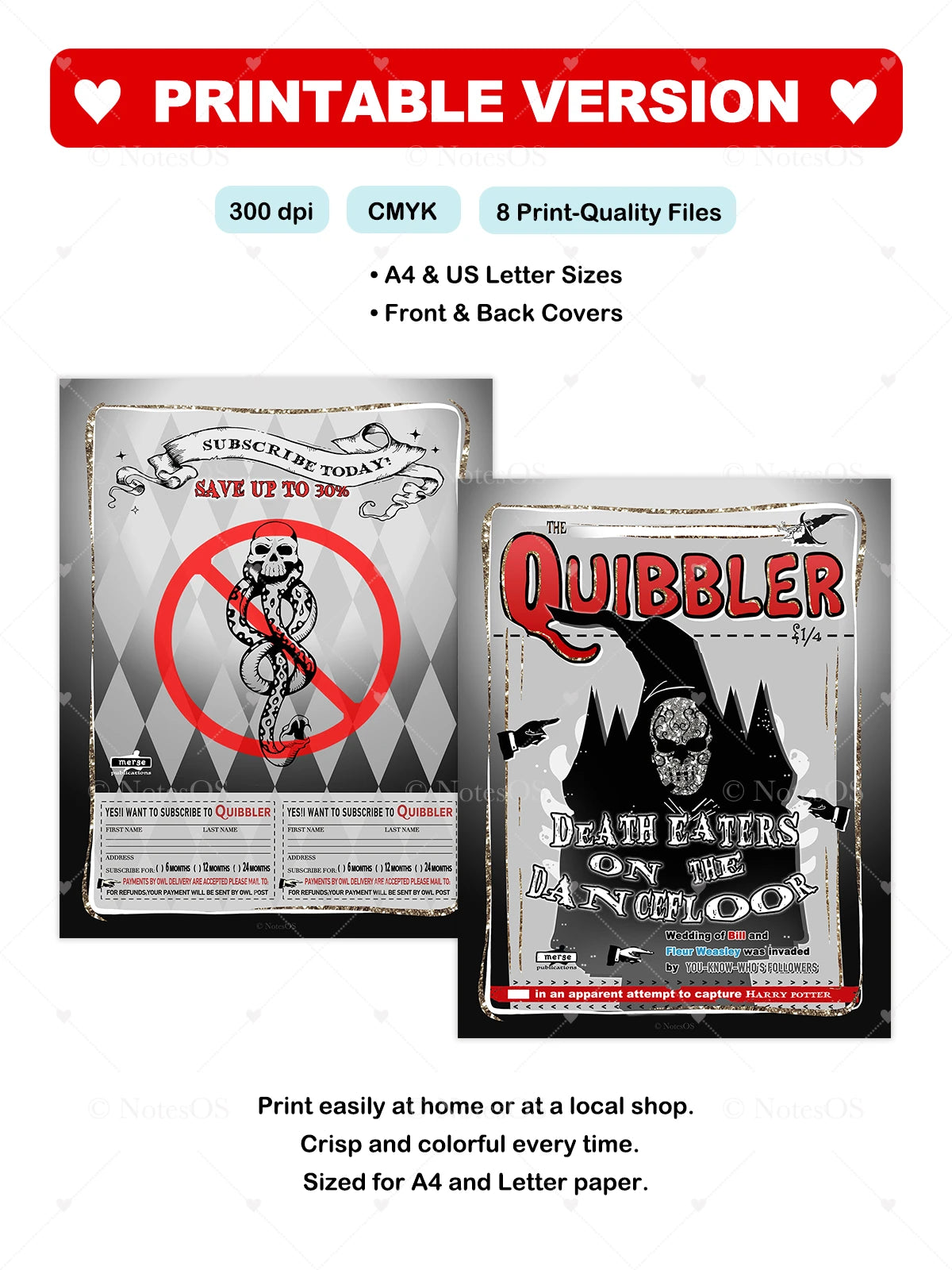 Two printables with 'Quibbler' design on a white background, featuring text about printable versions.