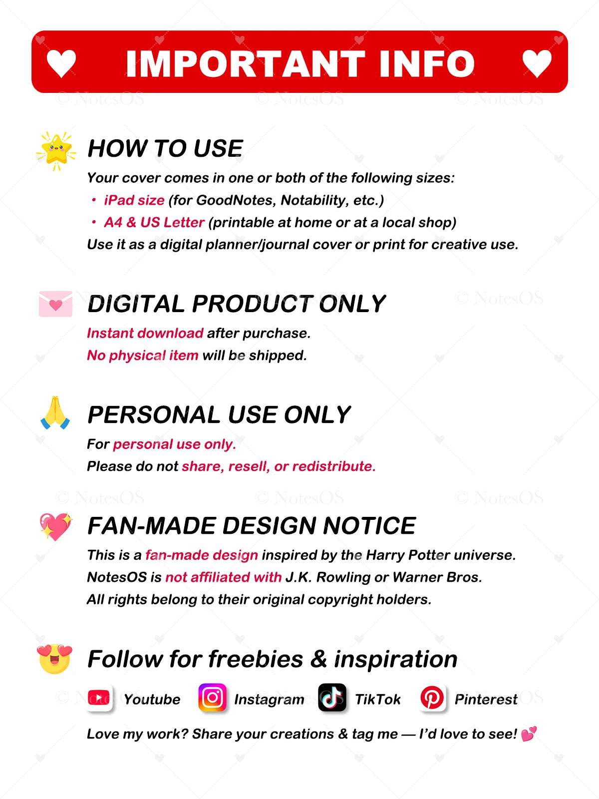 Important information card with text about product use, digital download, personal use, and fan-made design notice.