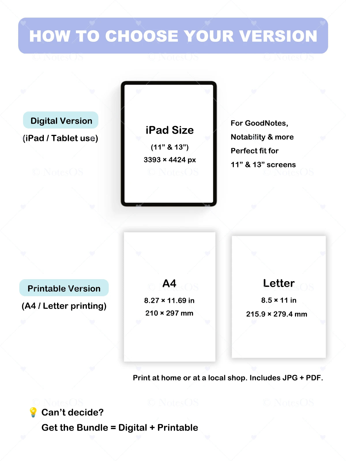 Instructions on how to choose the right size for an iPad or A4/Letter print, with digital and printable versions.