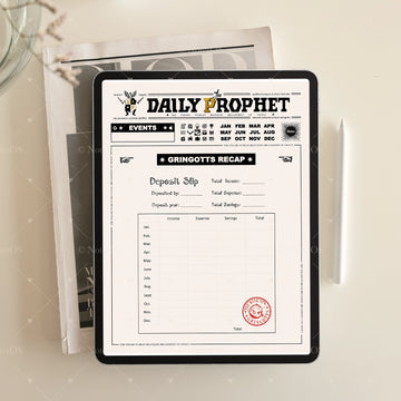 Digital tablet displaying a 'Daily Prophet' newspaper with a 'Gringotts Recap' form on a light background.
