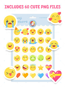Sheet of emoji stickers with various expressions on a white background