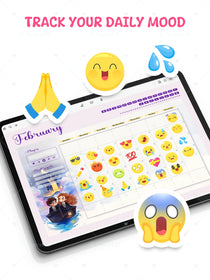 Digital mood tracker app interface on a tablet with emoji stickers and text 'Track Your Daily Mood'.