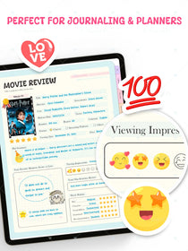 Movie review journaling app interface with emoji icons on a tablet screen.