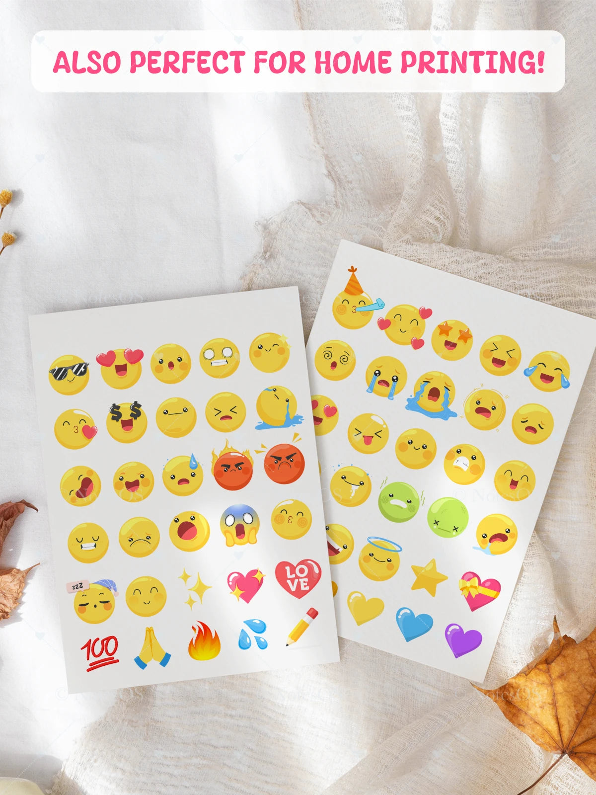 Two sheets of emoji stickers on a white surface with text 'Also perfect for home printing!'.