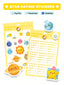 Star rating stickers with solar system design and a sheet of stickers on a white background.