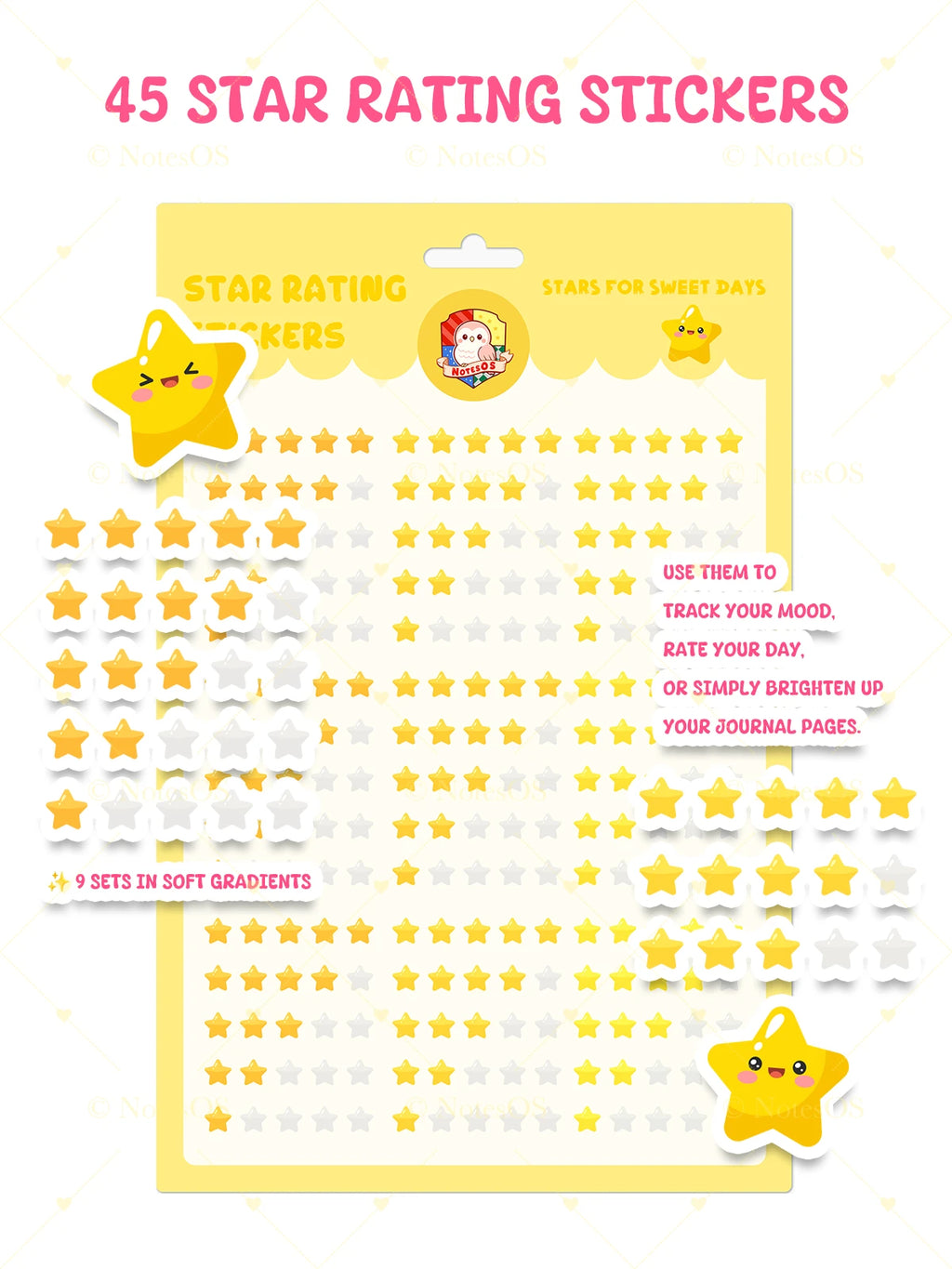 Star rating stickers with a packaging sheet on a white background