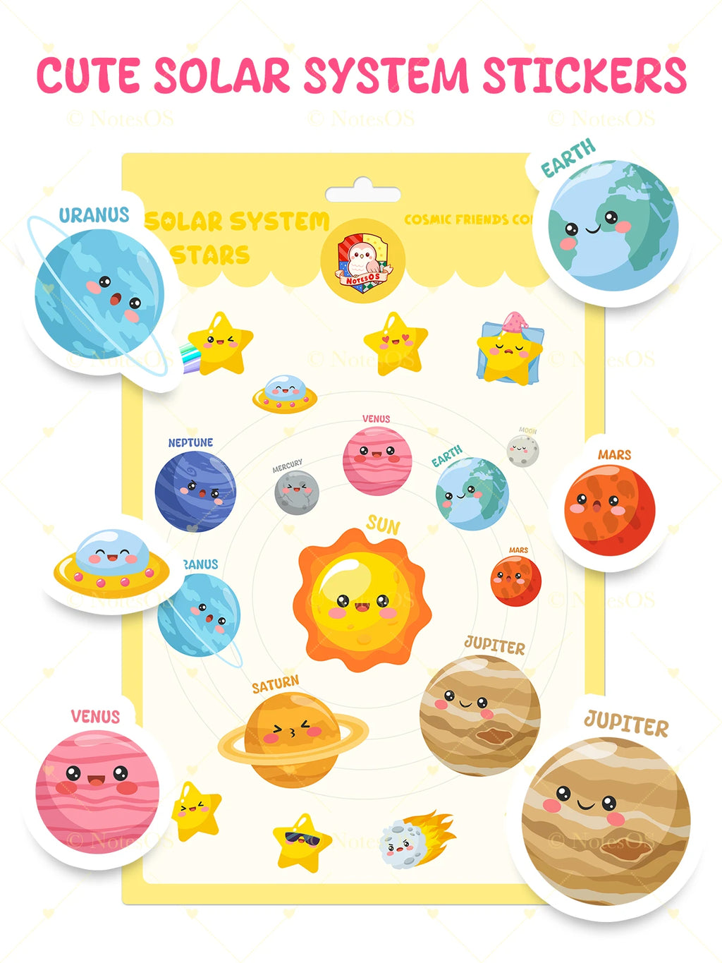 Cute solar system stickers with cartoon planets and stars on a white background