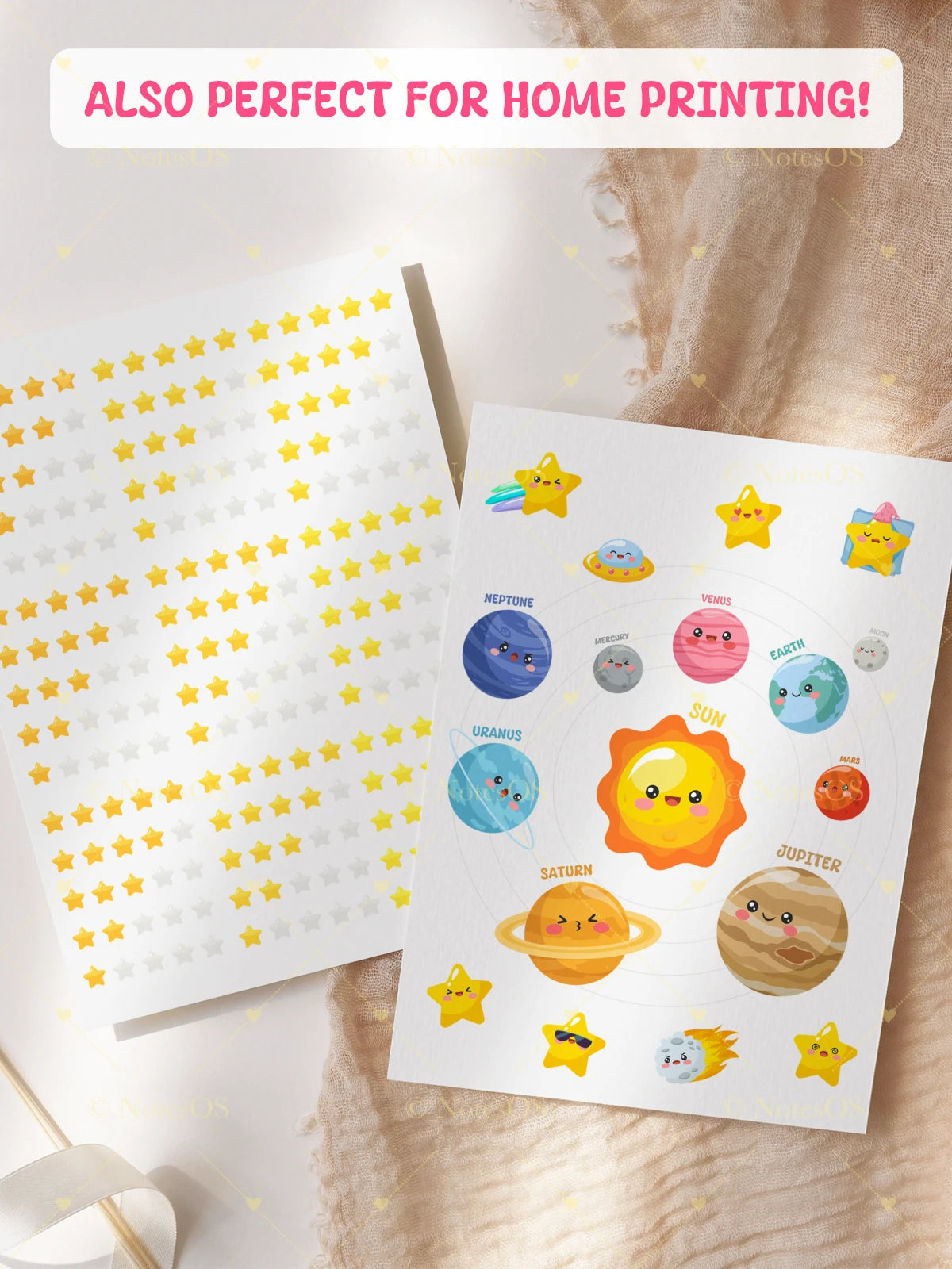 Two sheets of stickers with cartoon planets and stars on a wooden surface.
