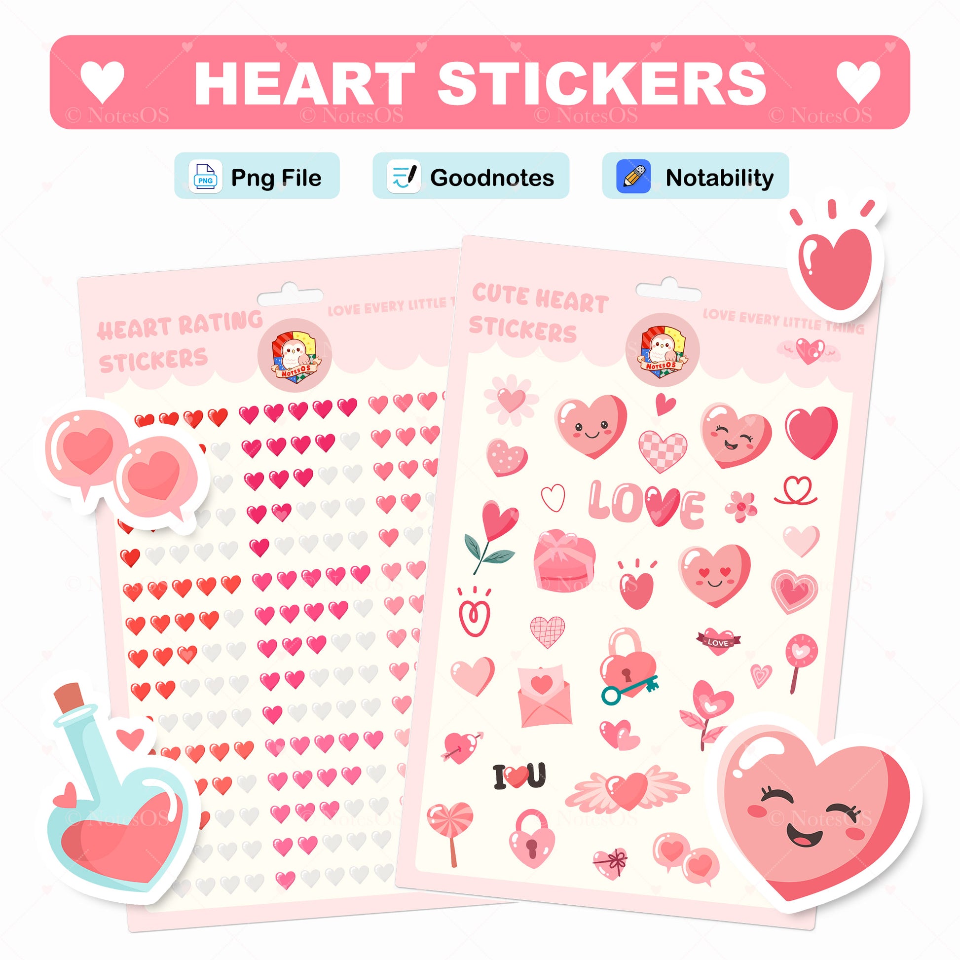 💖 Cute Heart Stickers – Digital PNG Pack