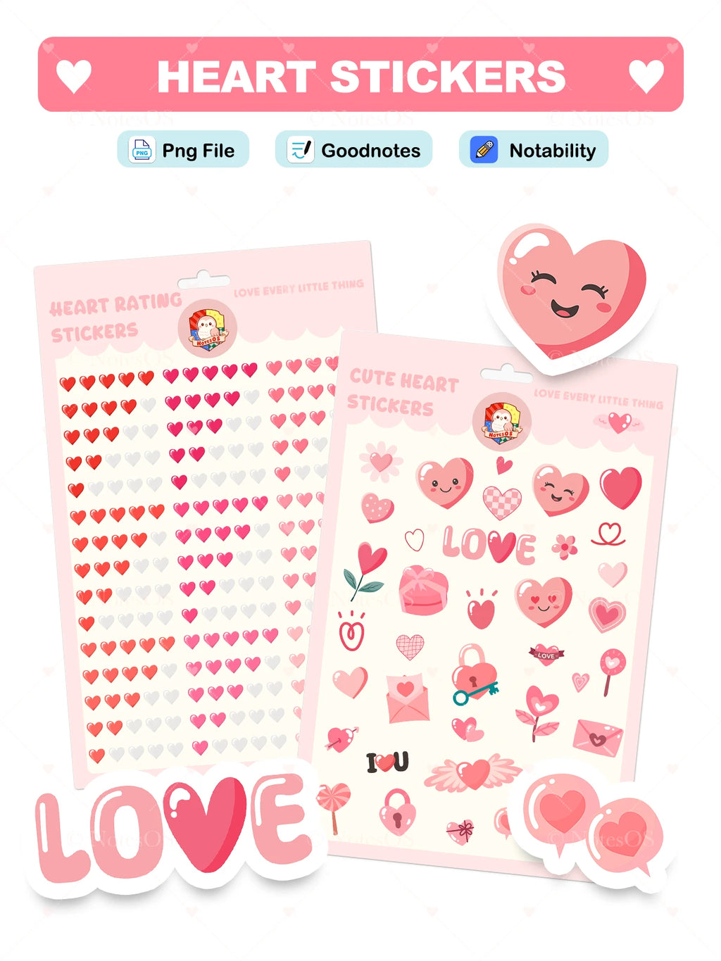 💖 Cute Heart Stickers – Digital PNG Pack