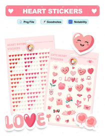 Heart stickers with various designs on a pink background