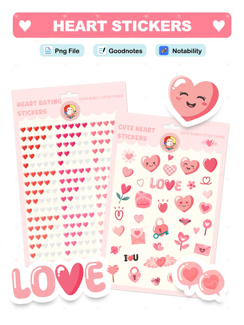 💖 Cute Heart Stickers – Digital PNG Pack