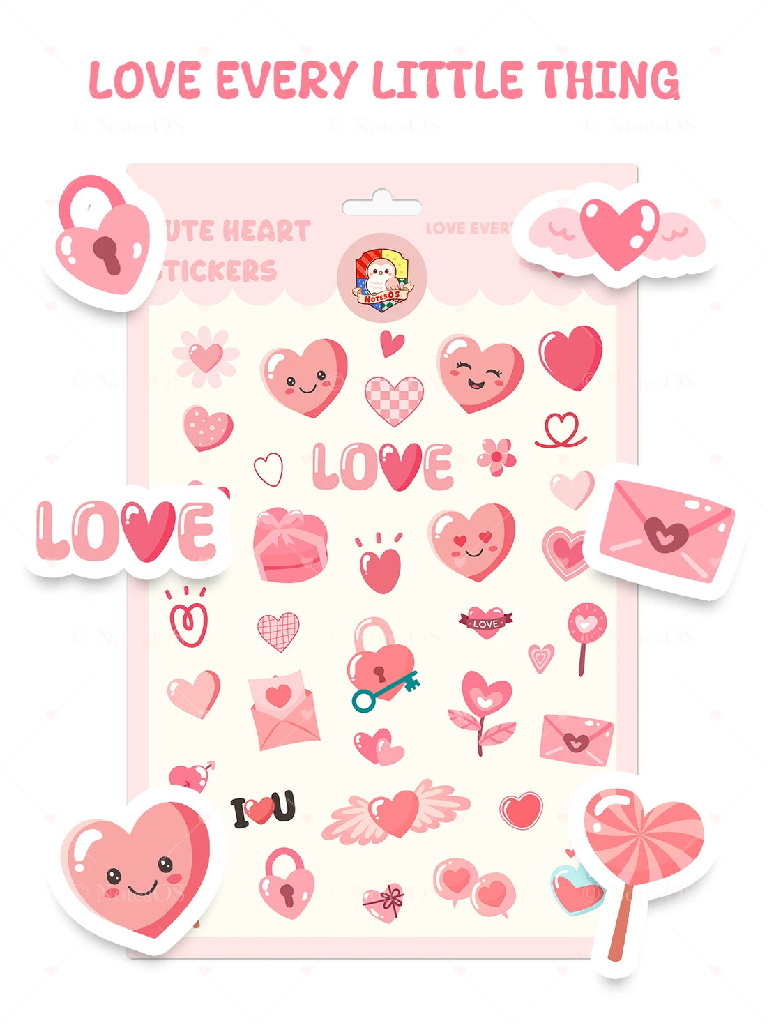 Heart stickers with various designs on a pink background