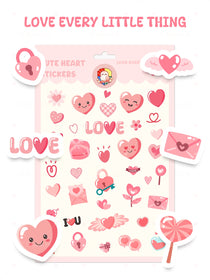 Sheet of pink heart-shaped stickers with 'Love Every Little Thing' text on a white background.